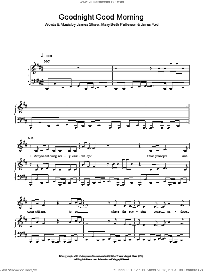 Goodnight Good Morning sheet music for voice, piano or guitar by Beth Ditto, James Ford, James Shaw and Mary Beth Patterson, intermediate skill level