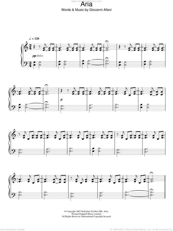 Aria sheet music for piano solo by Giovanni Allevi, classical score, intermediate skill level