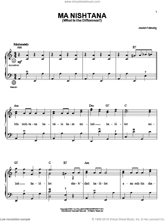 Ma Nishtana (What Is The Difference?) sheet music for accordion by Jewish Folksong, intermediate skill level