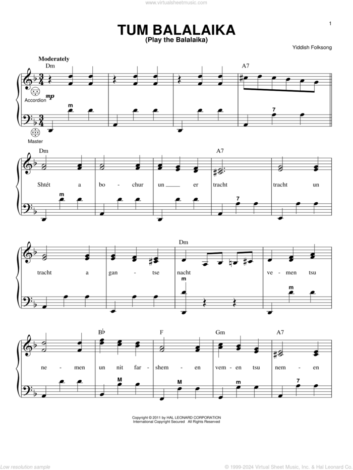 Tum Balalaika (Play the Balalaika) sheet music for accordion by Teddi Schwartz and Yiddish Folksong, intermediate skill level