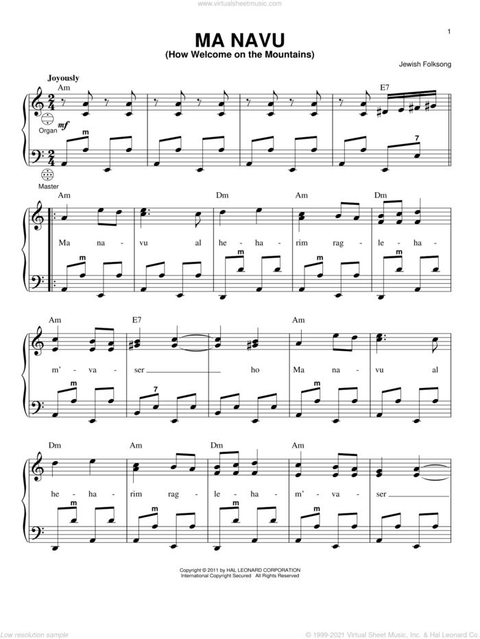 Ma Navu (How Welcome On the Mountains) sheet music for accordion by Jewish Folksong, intermediate skill level