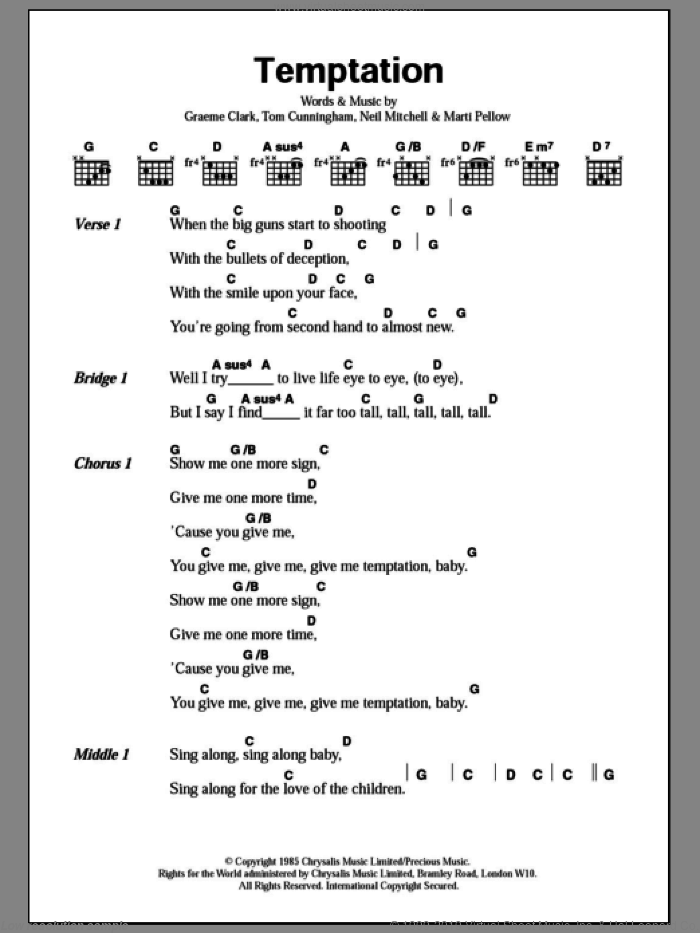 Temptation sheet music for guitar (chords) by Wet Wet Wet, Graeme Clark, Marti Pellow, Neil Mitchell and Tom Cunningham, intermediate skill level