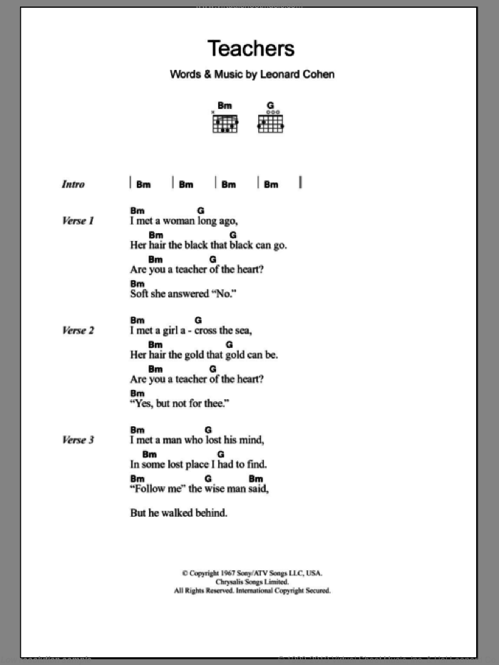 Teachers sheet music for guitar (chords) by Leonard Cohen, intermediate skill level