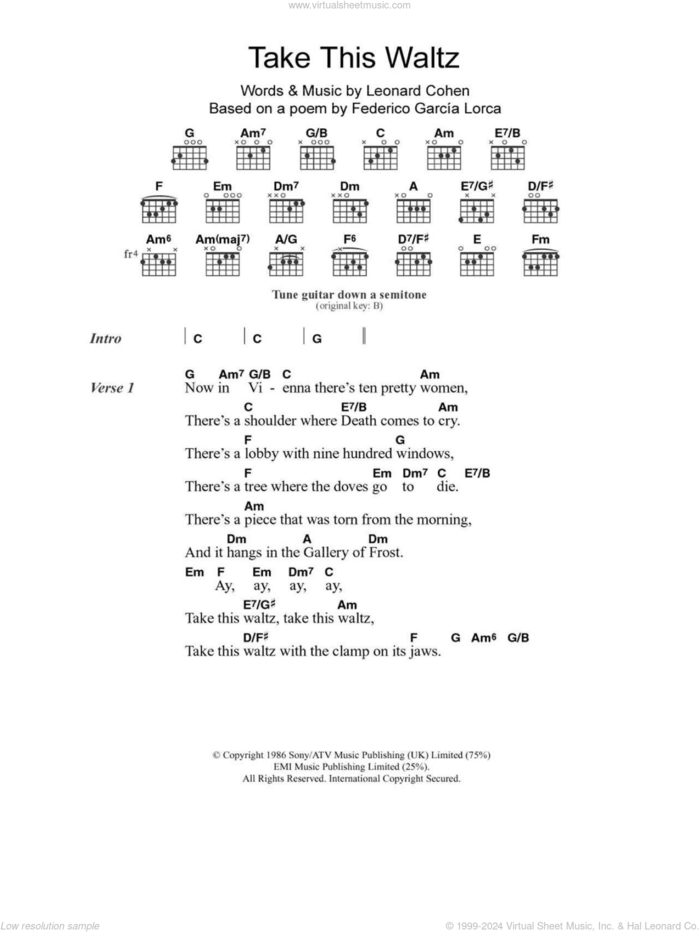 Take This Waltz sheet music for guitar (chords) by Leonard Cohen and Federico Garcia Lorca, intermediate skill level