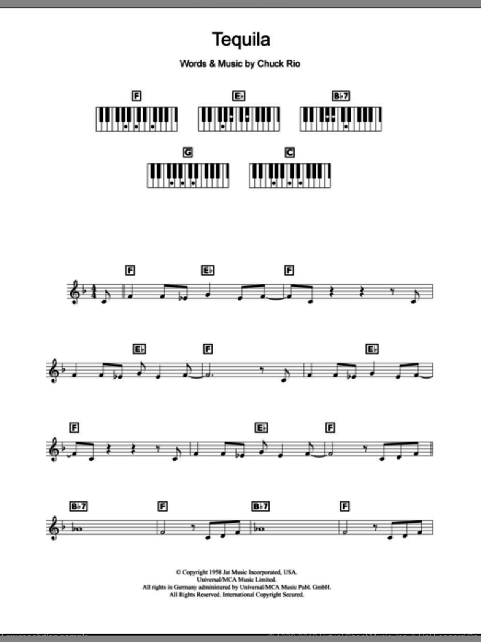 Tequila sheet music for piano solo (chords, lyrics, melody) by The Champs and Chuck Rio, intermediate piano (chords, lyrics, melody)