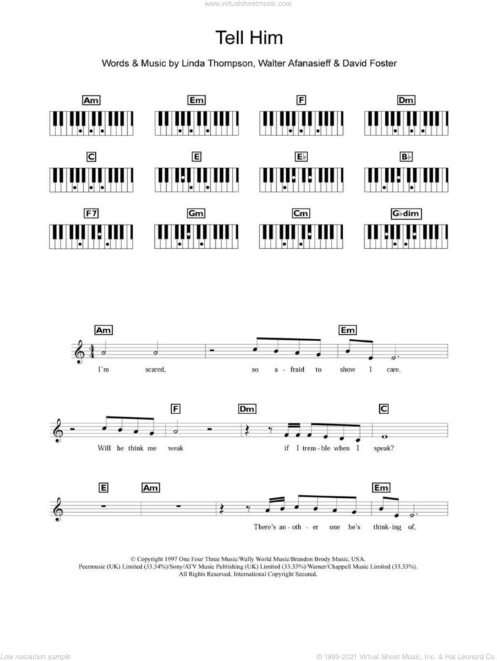Tell Him sheet music for piano solo (chords, lyrics, melody) by Celine Dion, David Foster, Linda Thompson and Walter Afanasieff, intermediate piano (chords, lyrics, melody)