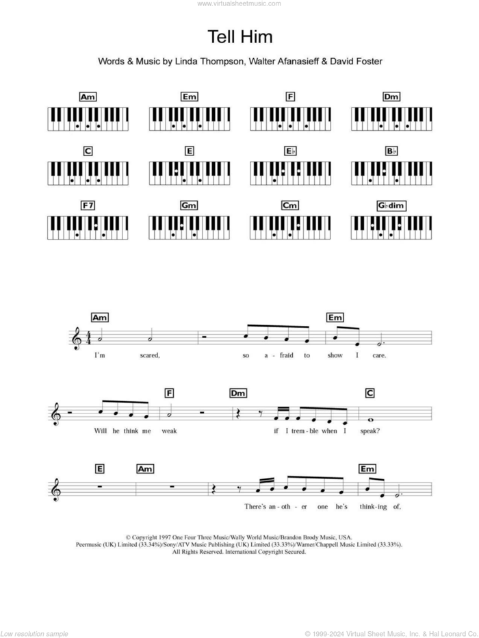 Tell Him sheet music for piano solo (chords, lyrics, melody) by Celine Dion, David Foster, Linda Thompson and Walter Afanasieff, intermediate piano (chords, lyrics, melody)