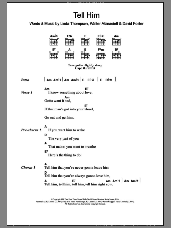 Tell Him sheet music for guitar (chords) by Celine Dion, David Foster, Linda Thompson and Walter Afanasieff, intermediate skill level