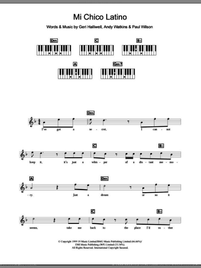 Mi Chico Latino sheet music for piano solo (chords, lyrics, melody) by Geri Halliwell, Andy Watkins and Paul Wilson, intermediate piano (chords, lyrics, melody)