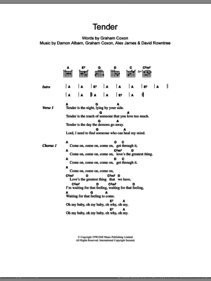 Tender sheet music for guitar (chords) by Blur, Alex James, Damon Albarn, David Rowntree and Graham Coxon, intermediate skill level