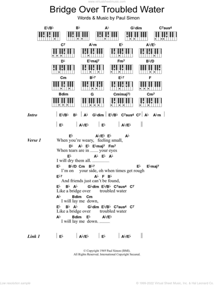 Bridge Over Troubled Water sheet music for piano solo (chords, lyrics, melody) by Simon & Garfunkel and Paul Simon, wedding score, intermediate piano (chords, lyrics, melody)