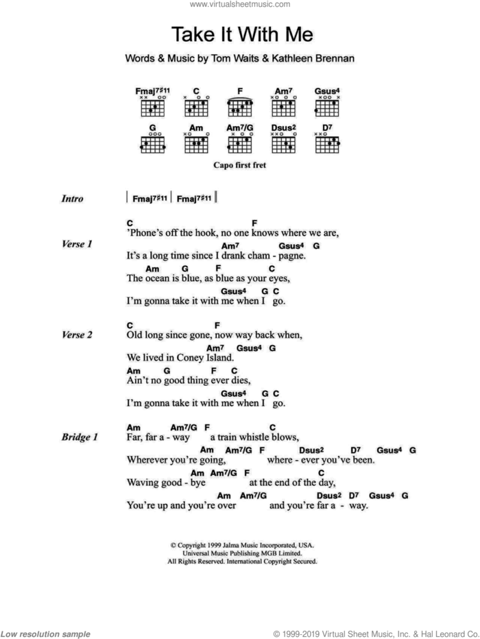 Take It With Me sheet music for guitar (chords) by Tom Waits and Kathleen Brennan, intermediate skill level