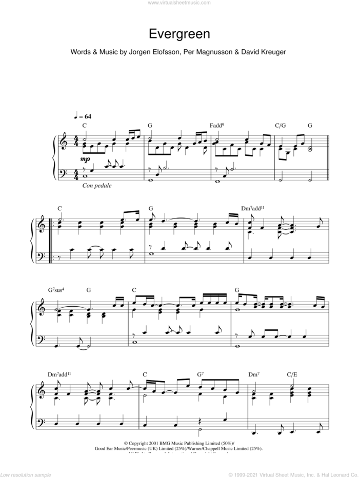 Evergreen sheet music for piano solo by Westlife, Will Young, David Kreuger, Jorgen Elofsson and Per Magnusson, intermediate skill level