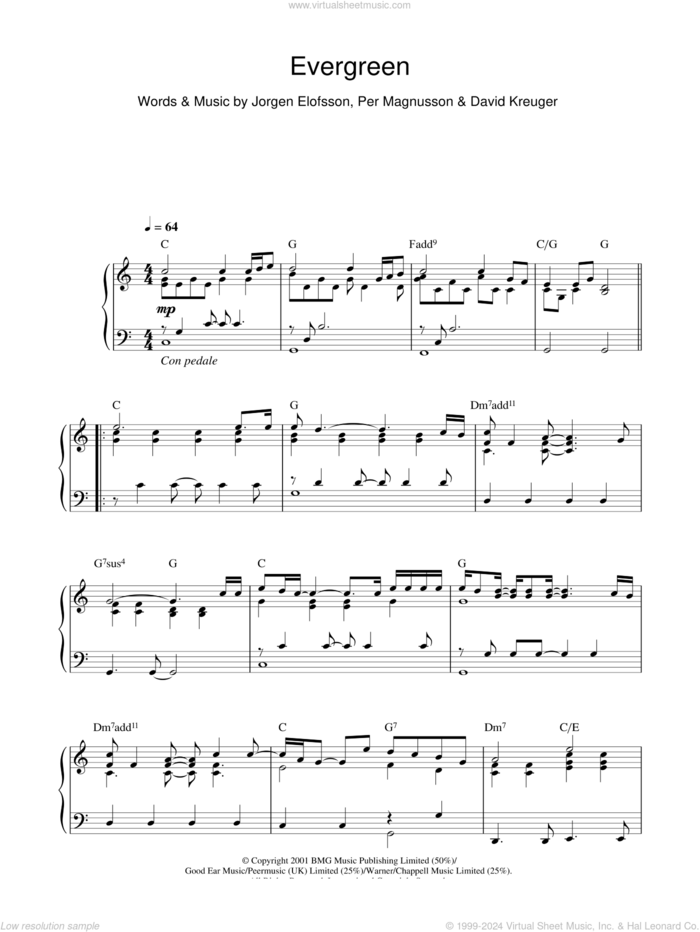 Evergreen sheet music for piano solo by Westlife, Will Young, David Kreuger, Jorgen Elofsson and Per Magnusson, intermediate skill level