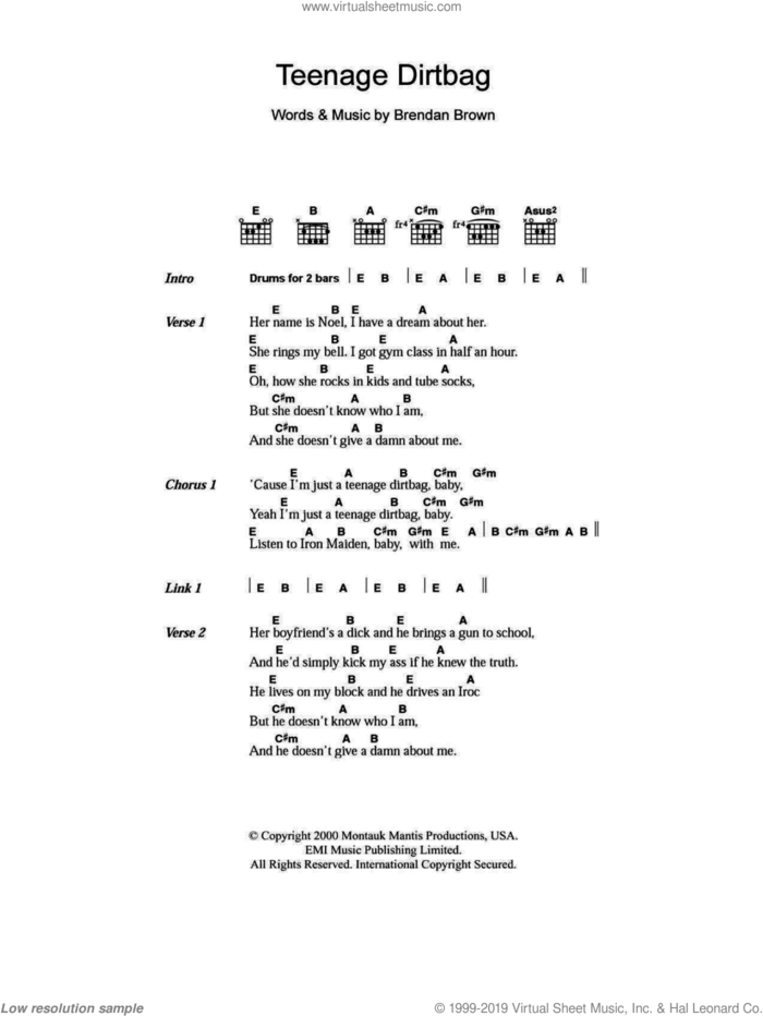Teenage Dirtbag sheet music for guitar (chords) by Wheatus and Brendan Brown, intermediate skill level