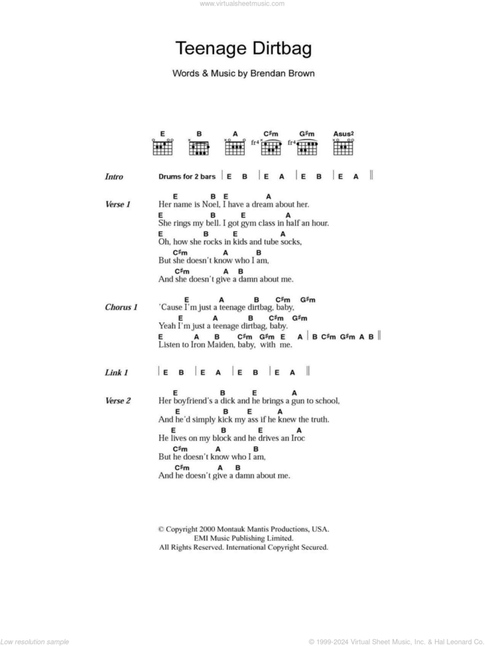 Teenage Dirtbag sheet music for guitar (chords) by Wheatus and Brendan Brown, intermediate skill level