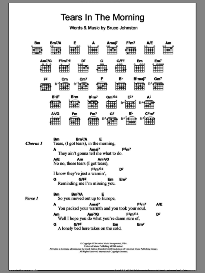 Tears In The Morning sheet music for guitar (chords) by The Beach Boys and Bruce Johnston, intermediate skill level