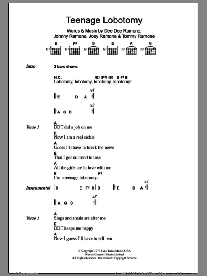 Teenage Lobotomy sheet music for guitar (chords) by The Ramones, Dee Dee Ramone, Joey Ramone, Johnny Ramone and Tommy Ramone, intermediate skill level