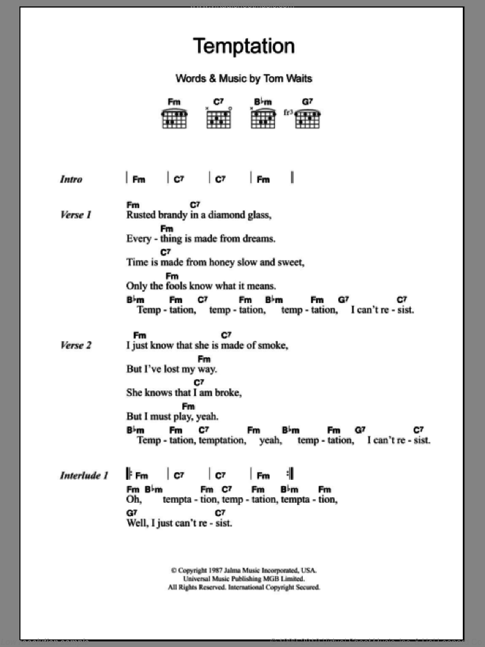 Temptation sheet music for guitar (chords) by Tom Waits and Diana Krall, intermediate skill level