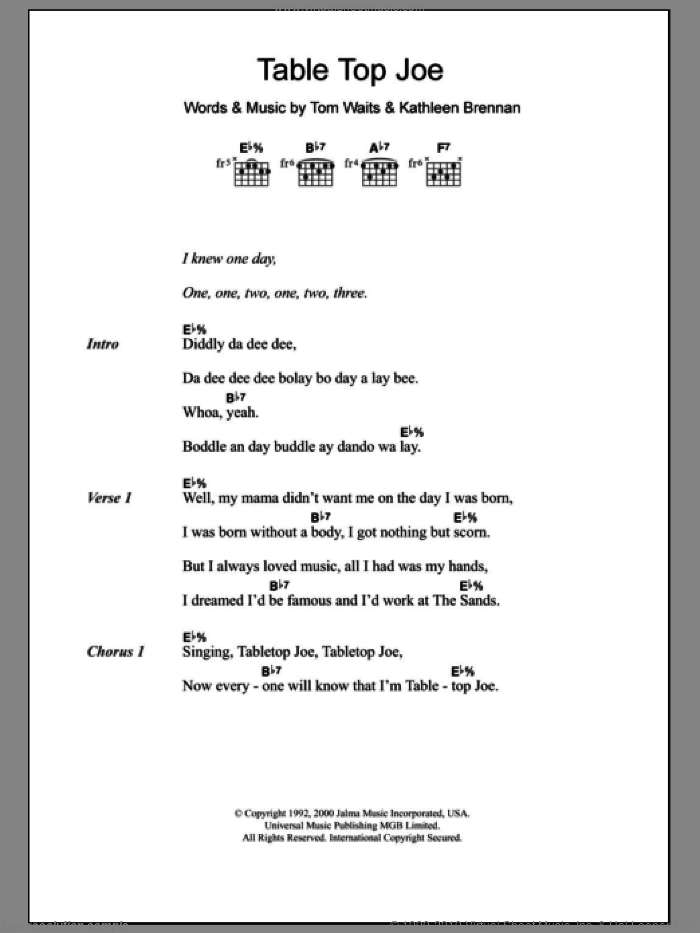 Table Top Joe sheet music for guitar (chords) by Tom Waits and Kathleen Brennan, intermediate skill level