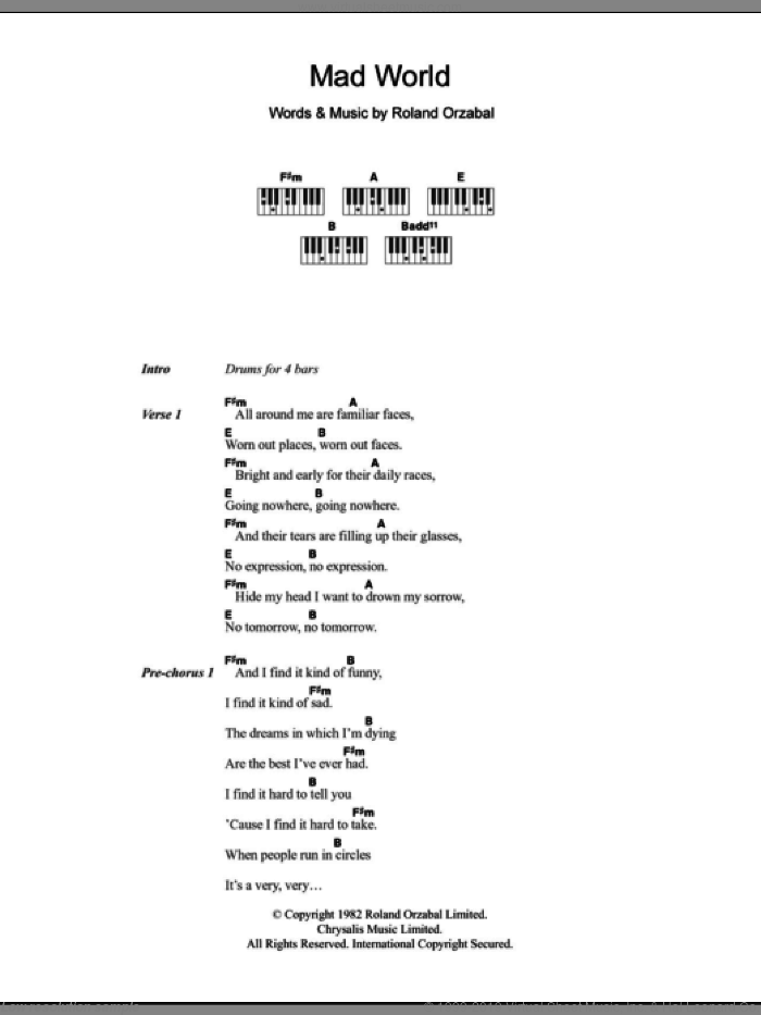 Mad World sheet music for piano solo (chords, lyrics, melody) by Gary Jules and Roland Orzabal, intermediate piano (chords, lyrics, melody)