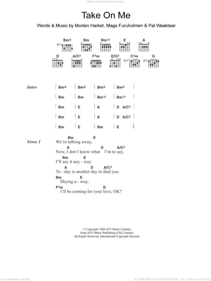 Take On Me sheet music for guitar (chords) by a-ha, Mags Furuholmen, Morten Harket and Pal Waaktaar, intermediate skill level