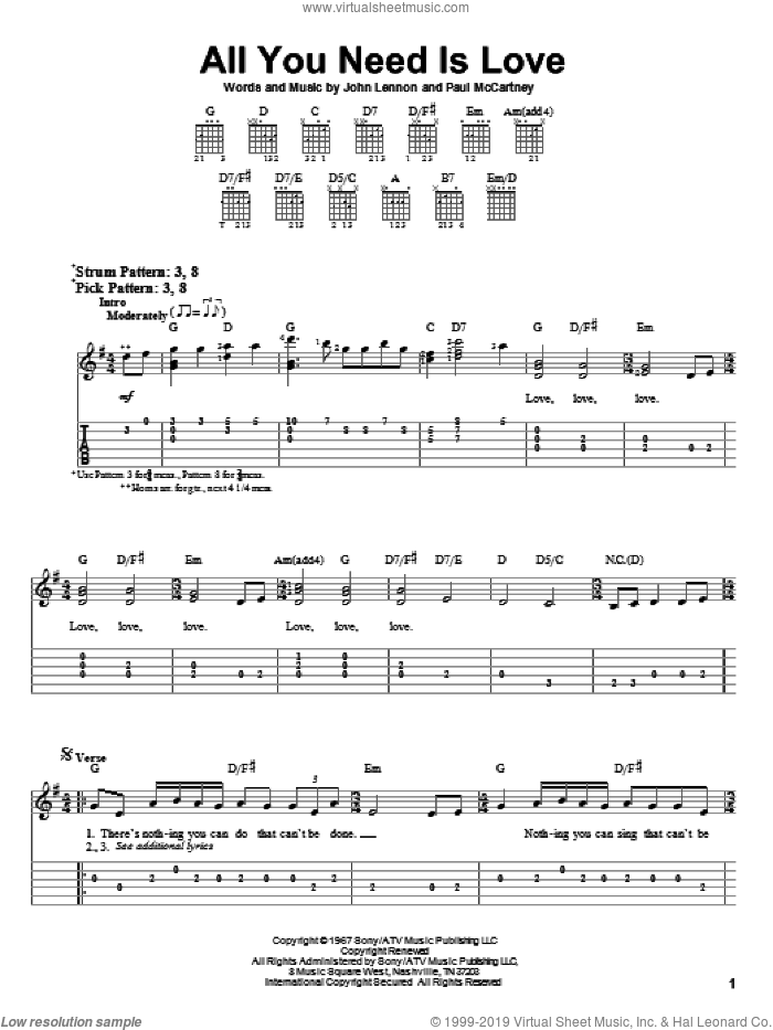 All You Need Is Love sheet music for guitar solo (easy tablature) by The Beatles, John Lennon and Paul McCartney, wedding score, easy guitar (easy tablature)