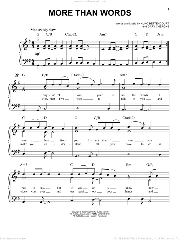 More Than Words, (easy) sheet music for piano solo by Extreme, Gary Cherone and Nuno Bettencourt, wedding score, easy skill level