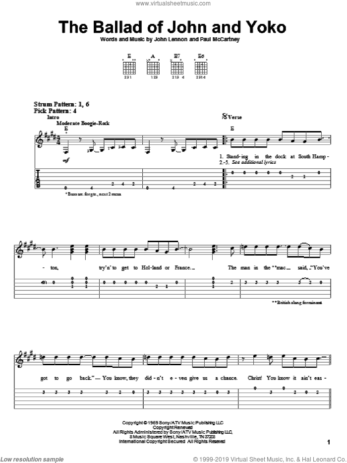 The Ballad Of John And Yoko sheet music for guitar solo (easy tablature) by The Beatles, John Lennon and Paul McCartney, easy guitar (easy tablature)