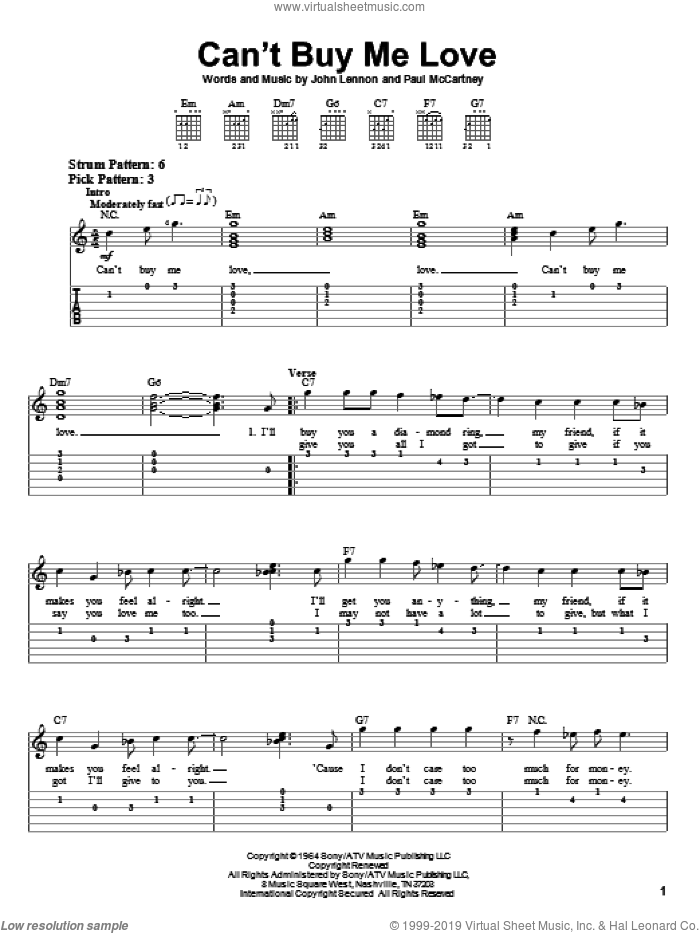 Can't Buy Me Love sheet music for guitar solo (easy tablature) by The Beatles, John Lennon and Paul McCartney, easy guitar (easy tablature)