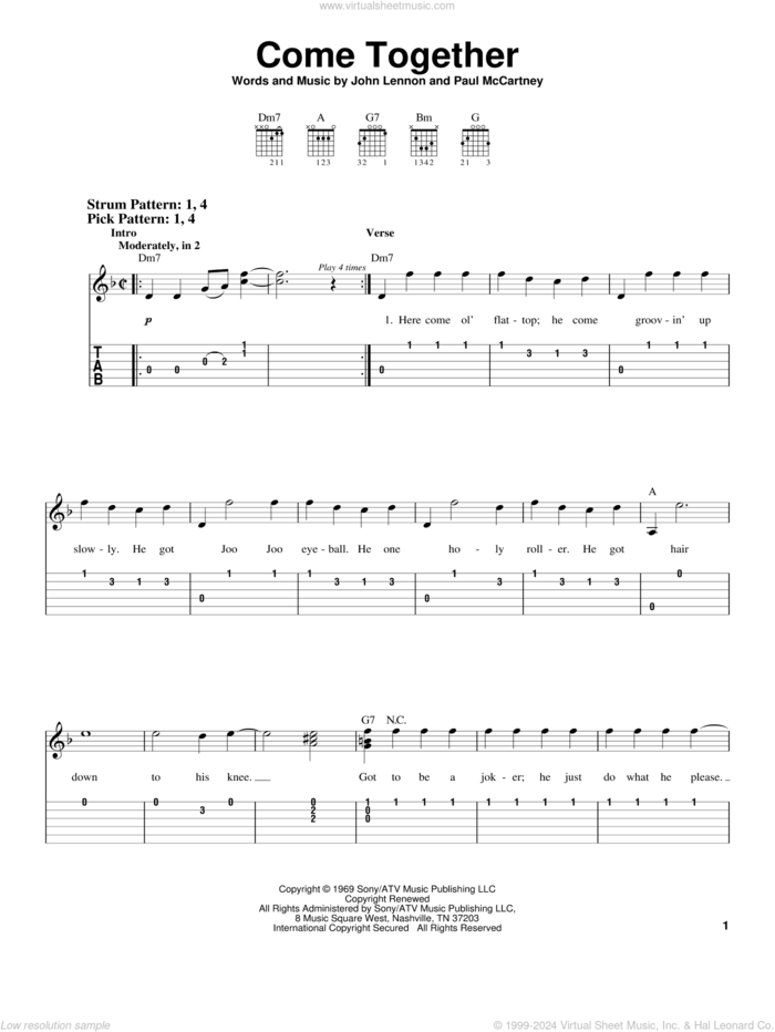 Come Together sheet music for guitar solo (easy tablature) by The Beatles, John Lennon and Paul McCartney, easy guitar (easy tablature)