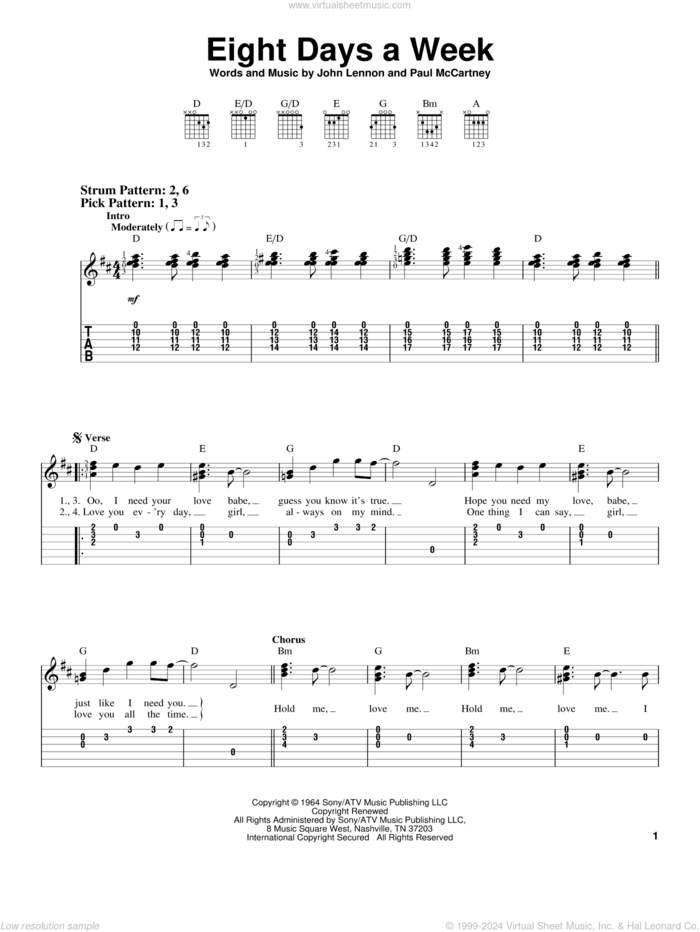 Eight Days A Week sheet music for guitar solo (easy tablature) by The Beatles, John Lennon and Paul McCartney, easy guitar (easy tablature)