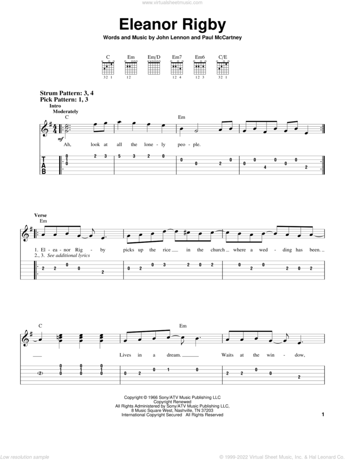 Eleanor Rigby sheet music for guitar solo (easy tablature) by The Beatles, John Lennon and Paul McCartney, easy guitar (easy tablature)