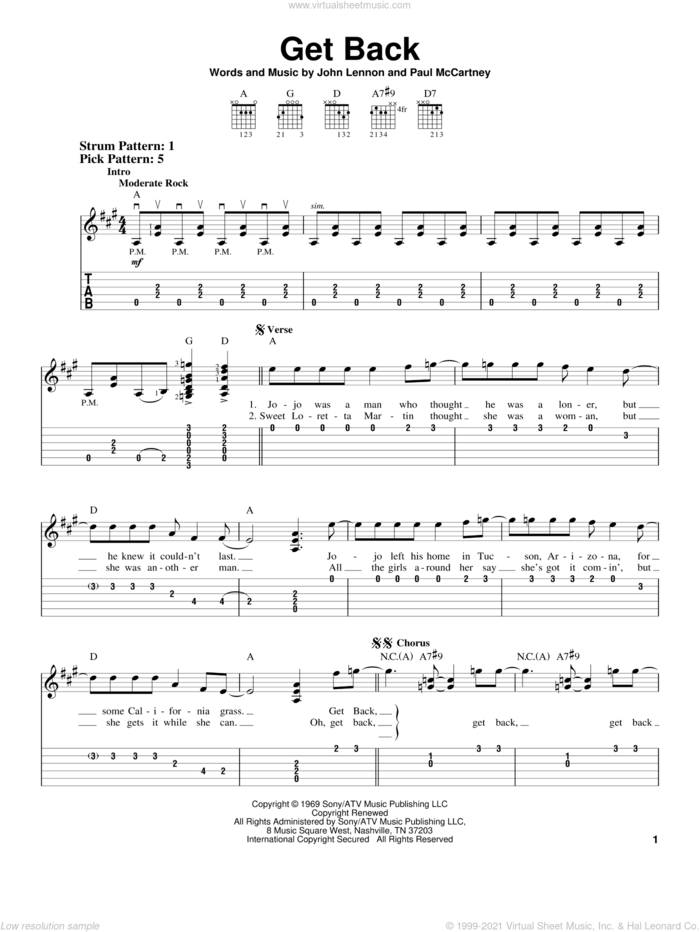 Get Back sheet music for guitar solo (easy tablature) by The Beatles, John Lennon and Paul McCartney, easy guitar (easy tablature)