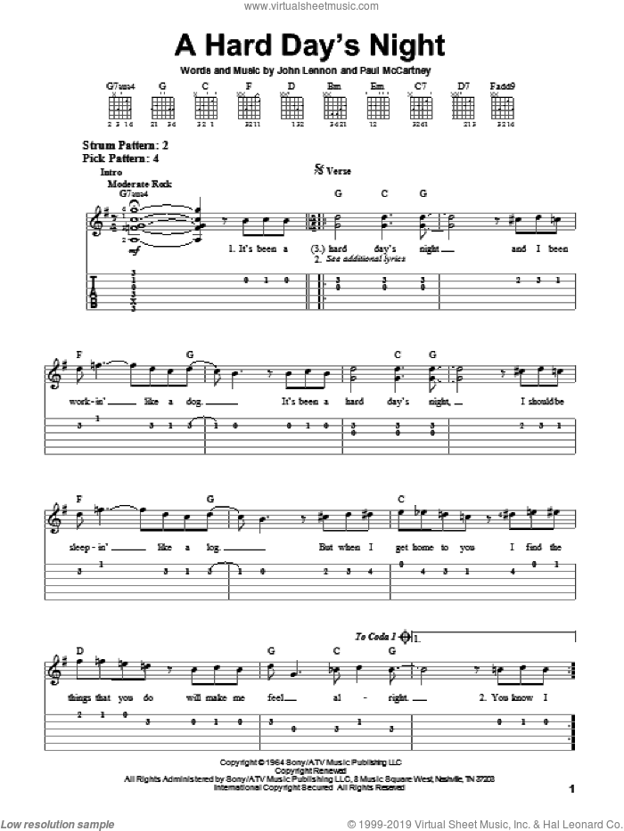 A Hard Day's Night sheet music for guitar solo (easy tablature) by The Beatles, John Lennon and Paul McCartney, easy guitar (easy tablature)