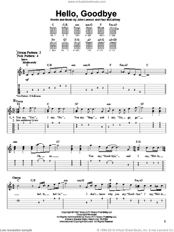 Hello, Goodbye sheet music for guitar solo (easy tablature) by The Beatles, John Lennon and Paul McCartney, easy guitar (easy tablature)