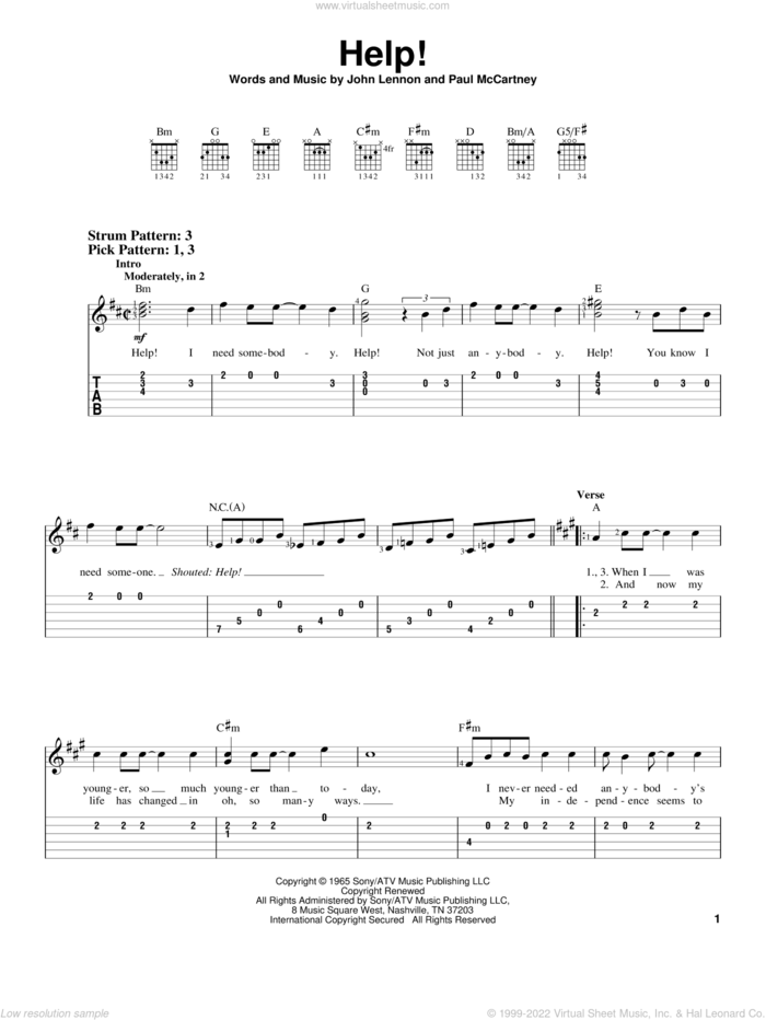 Help! sheet music for guitar solo (easy tablature) by The Beatles, John Lennon and Paul McCartney, easy guitar (easy tablature)
