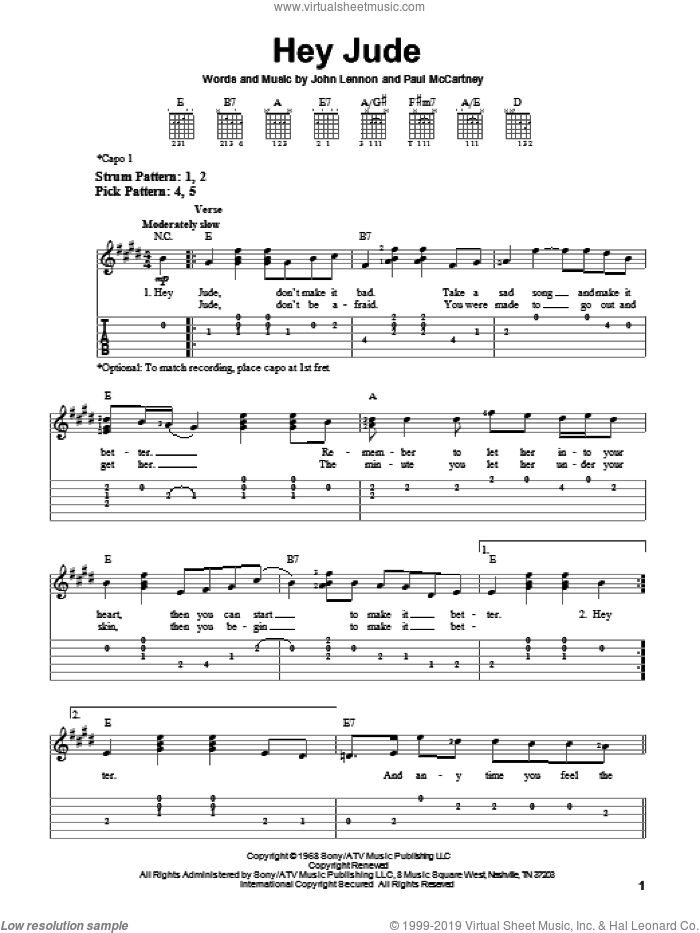 Hey Jude sheet music for guitar solo (easy tablature) by The Beatles, John Lennon and Paul McCartney, easy guitar (easy tablature)