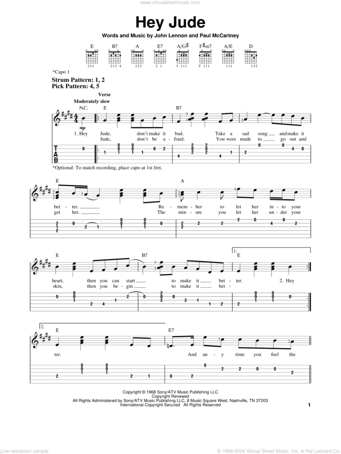 Hey Jude sheet music for guitar solo (easy tablature) by The Beatles, John Lennon and Paul McCartney, easy guitar (easy tablature)