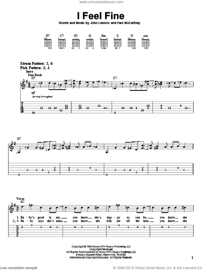 I Feel Fine sheet music for guitar solo (easy tablature) by The Beatles, John Lennon and Paul McCartney, easy guitar (easy tablature)