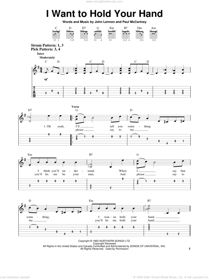 I Want To Hold Your Hand sheet music for guitar solo (easy tablature) by The Beatles, John Lennon and Paul McCartney, easy guitar (easy tablature)