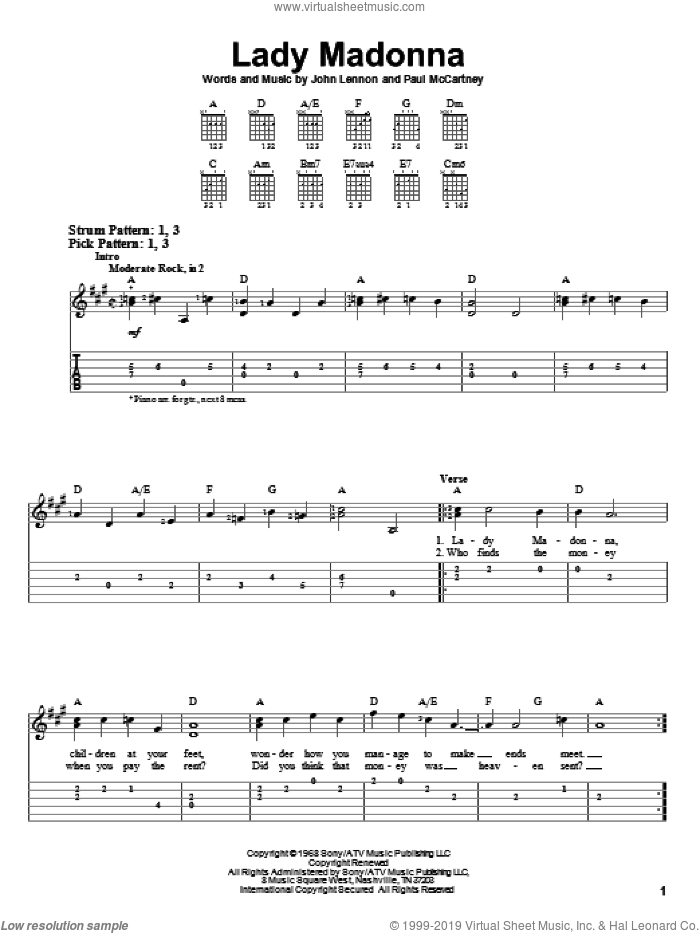 Lady Madonna sheet music for guitar solo (easy tablature) by The Beatles, John Lennon and Paul McCartney, easy guitar (easy tablature)