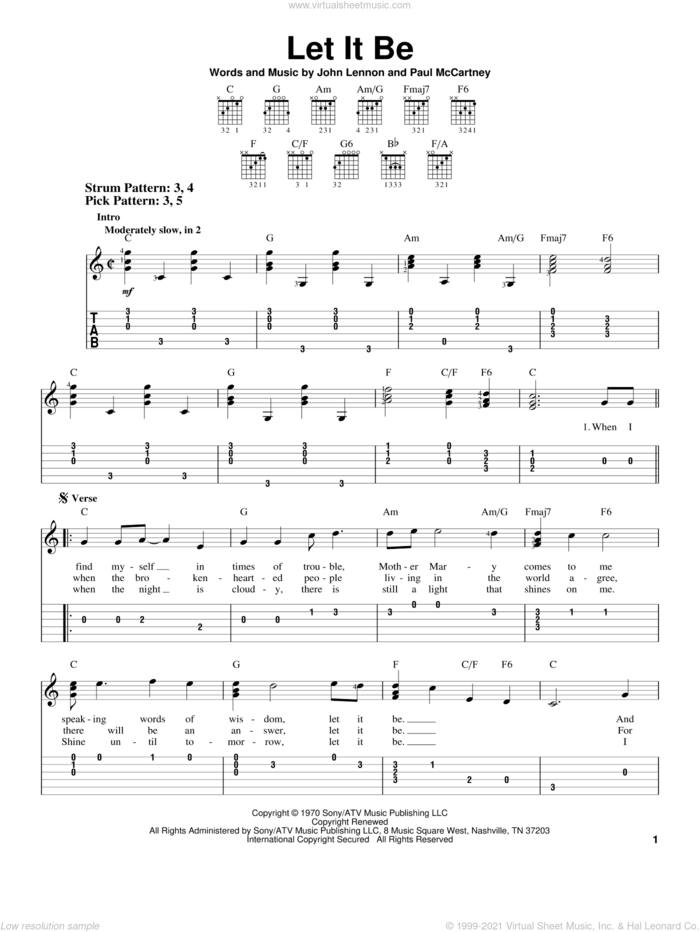 Let It Be sheet music for guitar solo (easy tablature) by The Beatles, John Lennon and Paul McCartney, easy guitar (easy tablature)