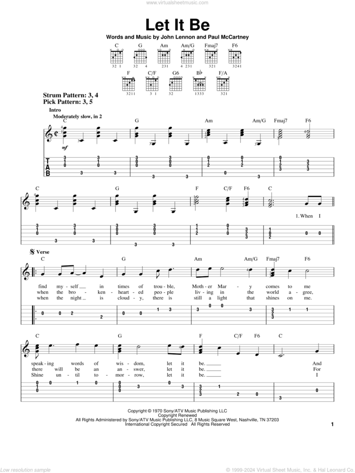 Let It Be sheet music for guitar solo (easy tablature) by The Beatles, John Lennon and Paul McCartney, easy guitar (easy tablature)