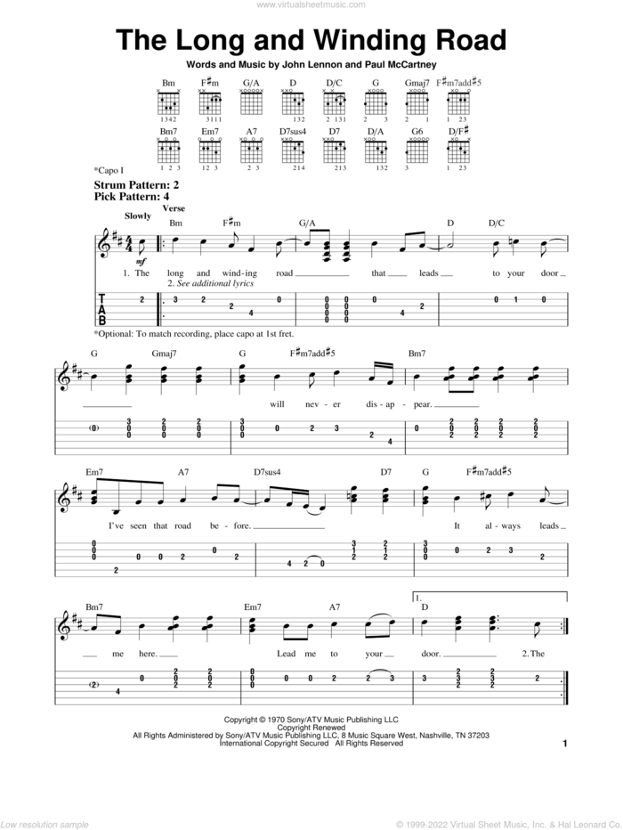 The Long And Winding Road sheet music for guitar solo (easy tablature) by The Beatles, John Lennon and Paul McCartney, easy guitar (easy tablature)