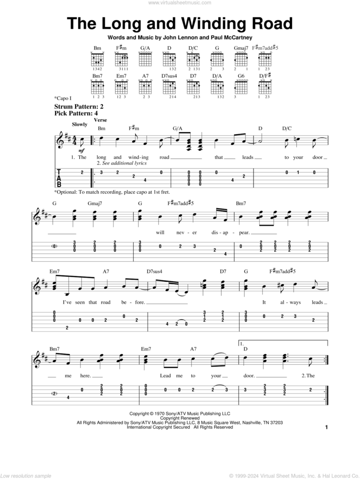 The Long And Winding Road sheet music for guitar solo (easy tablature) by The Beatles, John Lennon and Paul McCartney, easy guitar (easy tablature)