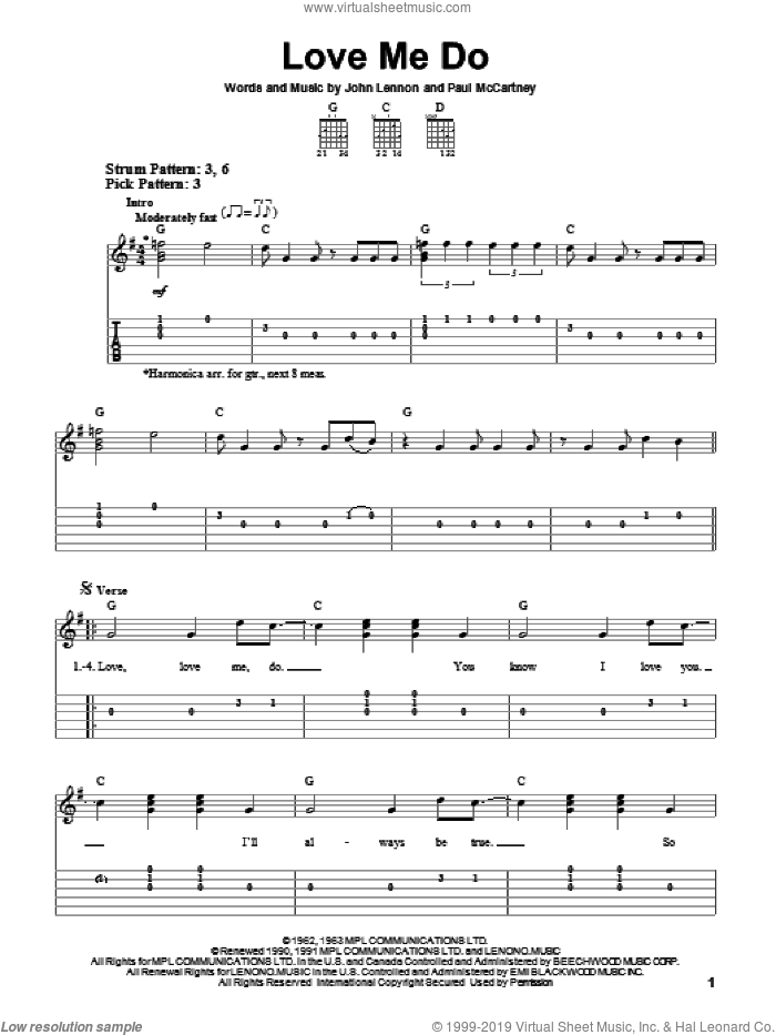 Love Me Do sheet music for guitar solo (easy tablature) by The Beatles, John Lennon and Paul McCartney, easy guitar (easy tablature)