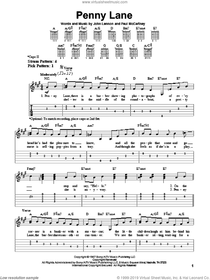 Penny Lane sheet music for guitar solo (easy tablature) by The Beatles, John Lennon and Paul McCartney, easy guitar (easy tablature)