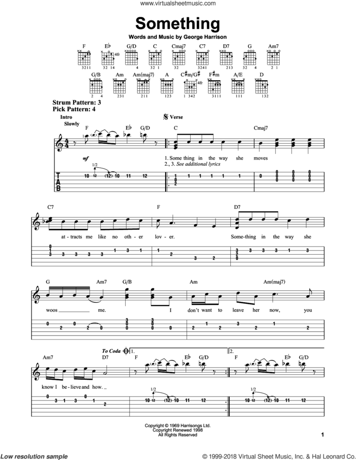 Something sheet music for guitar solo (easy tablature) by The Beatles and George Harrison, easy guitar (easy tablature)