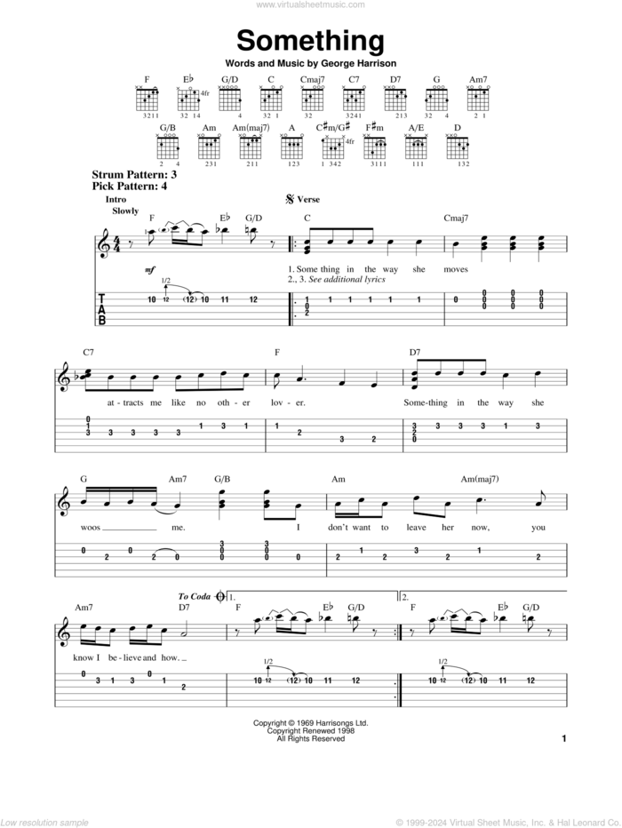 Something sheet music for guitar solo (easy tablature) by The Beatles and George Harrison, easy guitar (easy tablature)